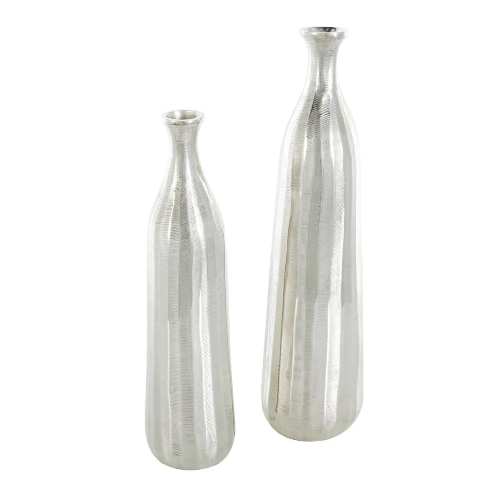 Aluminum Metal Decorative Vase with Wavy Accents and Textured Ridges - Set of 2 Silver or Gold - Roche River Decor