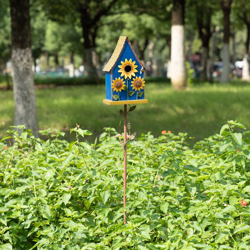 Glitzhome 52.5''H Blue Green Metal Sunflower Decorative Garden Birdhouse with Stake - Blue
