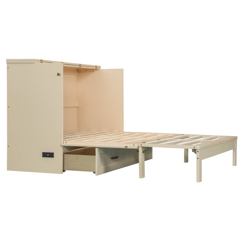 Foldable Rattan Murphy Bed with Storage Large Drawer and USB