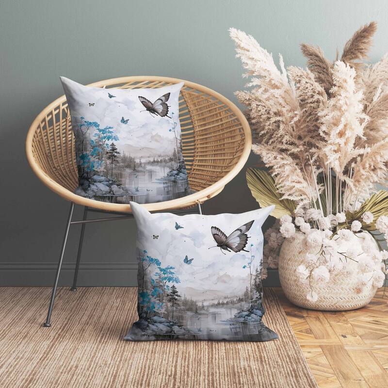 Fluttering Floral Heights Indoor/Outdoor Reversible Throw Pillow Gray and Cyan