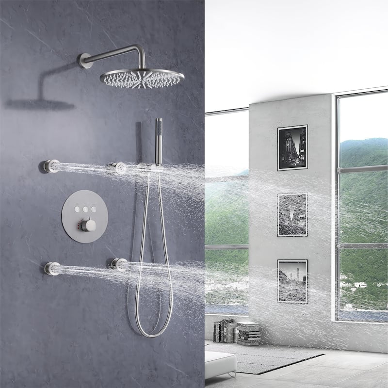 3-Way Complete 12'' Rain Shower System with 4 Body Jets and High-pressure Handheld Shower Head in Black/Nickel/Chrome, Wall