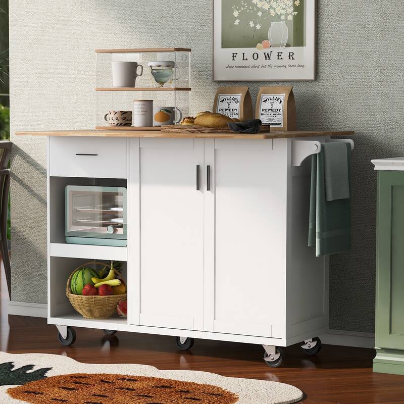 49.02'' Rubber Wood Farmhouse Kitchen Island with Rolling Wheels, Slide-Out Shelf, Towel Rack and Drawer