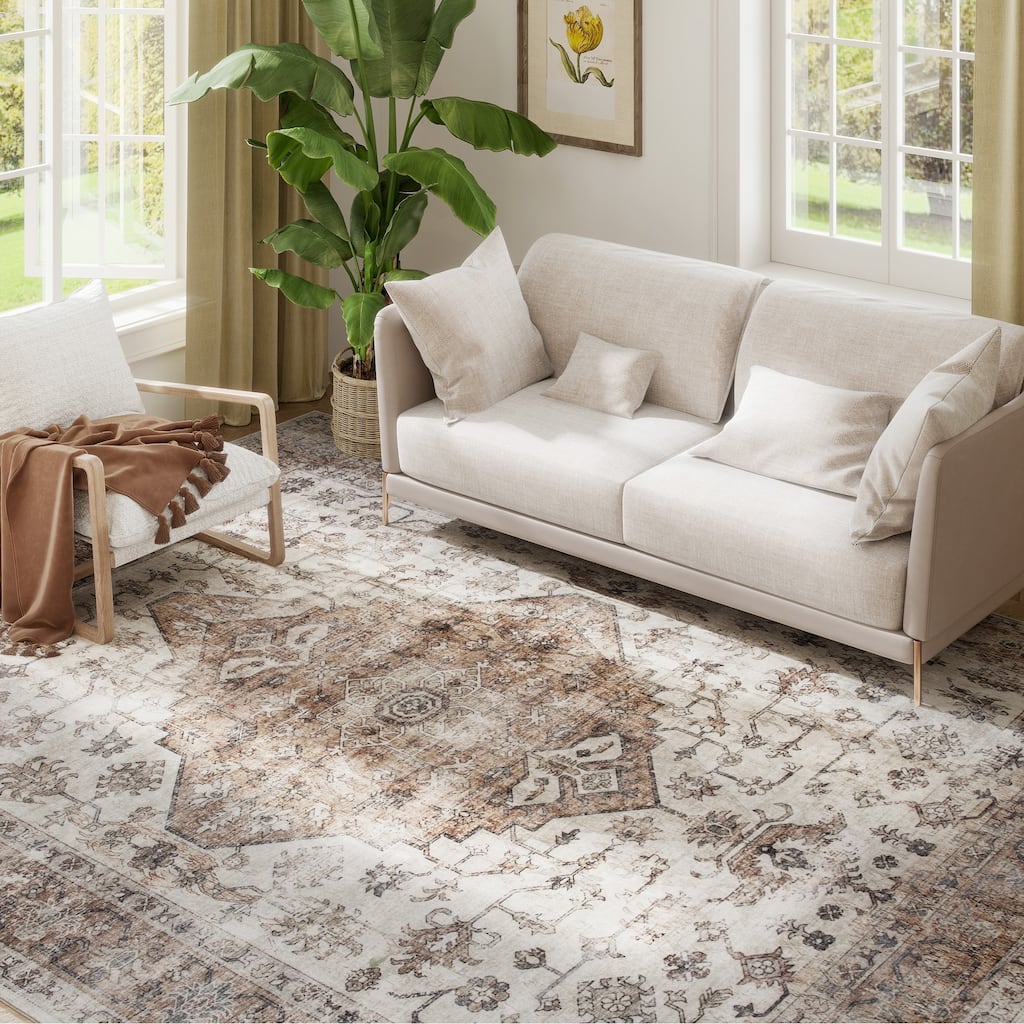 HOMCOM 8x10 Area Rug, Vintage Machine Washable Rug, Non-Slip Floor Carpet for Living Room, Bedroom, Dining Room, Home Office