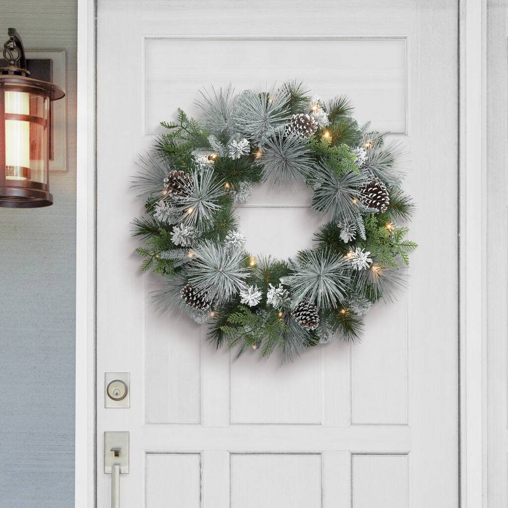 Pre-Lit Flocked Mixed Pine and Pine Cone Artificial Christmas Wreath - 24" - Warm White