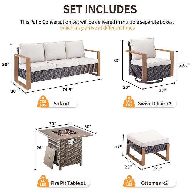 Pocassy 4/6/8PCS Sofa Swivel Chair with Fire Pit Table Set