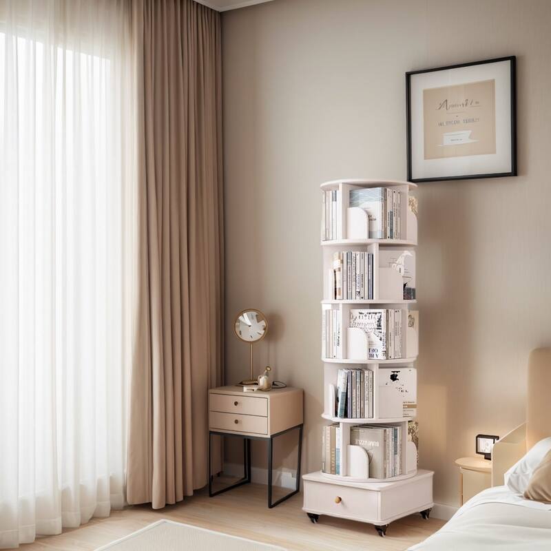 Anmytek 360 Rotating 6 Tier Corner Bookshelf with Drawer Floor Standing Wood Storage Organizer