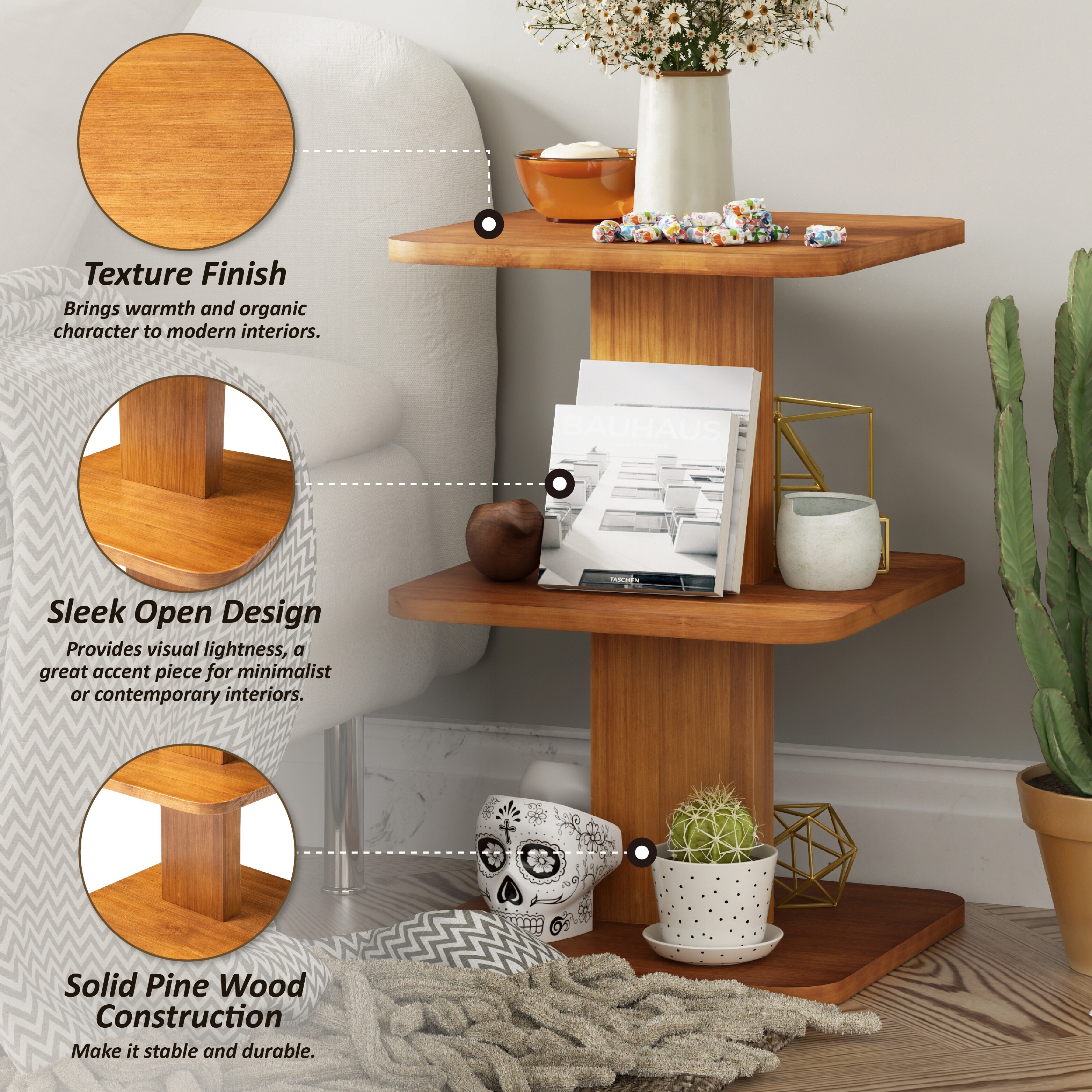 COZAYH Modern Minimalist Wooden End Table Featuring 3 Open Shelves