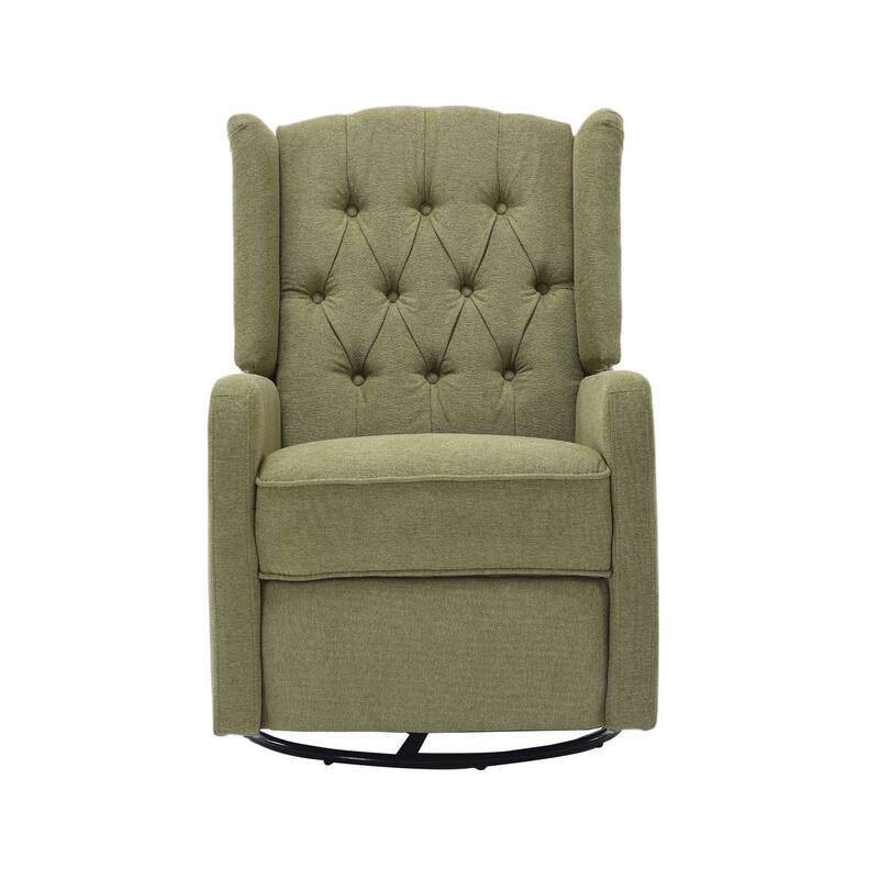 Olive Green Linen 360° Swivel Glider Rocker Manual Recliner with Button-tufted Backrest and Footrest for Living Room, Bedroom