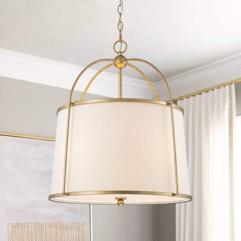 Mid-Century White Fabric Round Drum Cage Pendant Ambient Light - Antique Brass