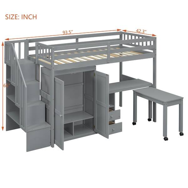 dimension image slide 2 of 3, Twin Loft Bed w/Stairs, Bookshelf, Drawers, Desk & Wardrobe, Space-Saving for Kids & Teens.