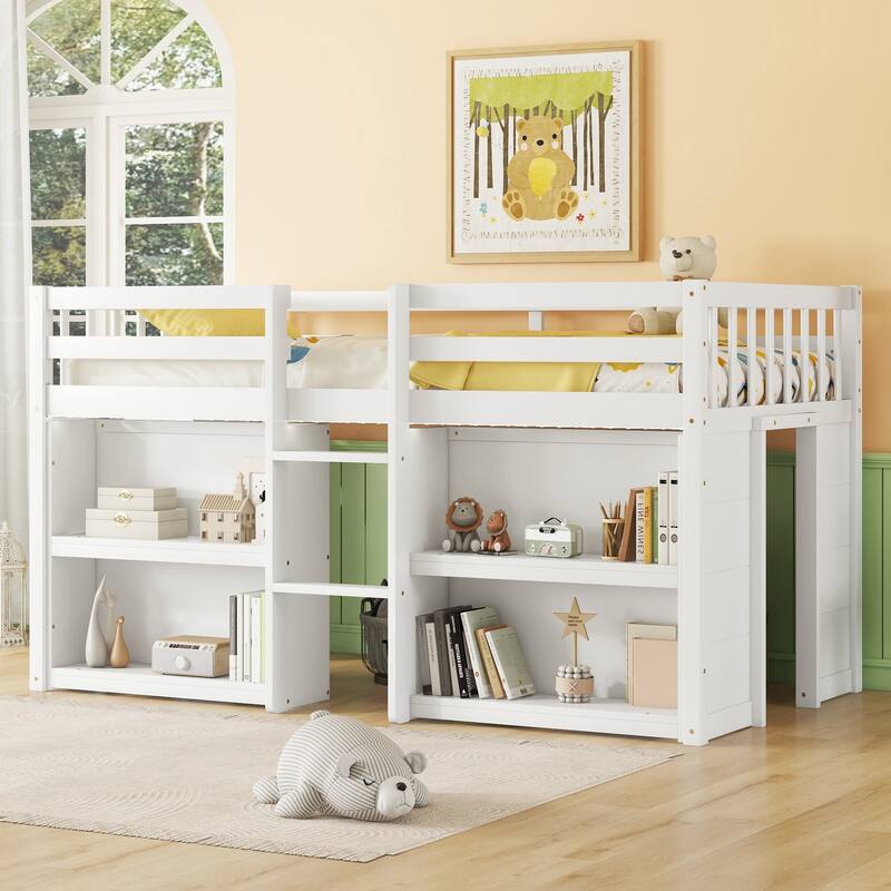 Twin Size Kid Low Loft Bed With Two-Tier Shelves And LED Light - White