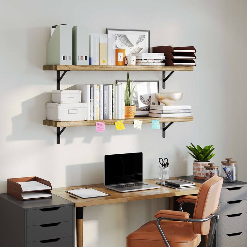 Wallniture Forme 48"-84" Long Floating Shelves Living Room & Office Decor, Solid Wood Shelves, Wall Mounted, 1.5" Thick, Burnt