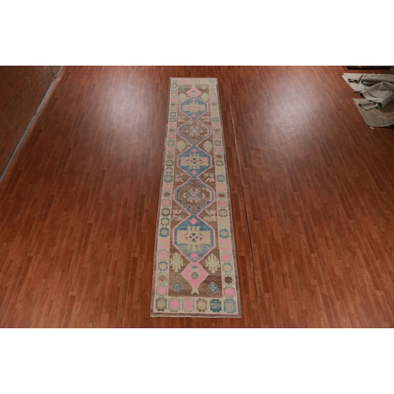 Hand Knotted Oriental 100% Wool Carpet Transitional Geometric Brown Oushak Runner Rug - 16' 1'' X 3' 5''
