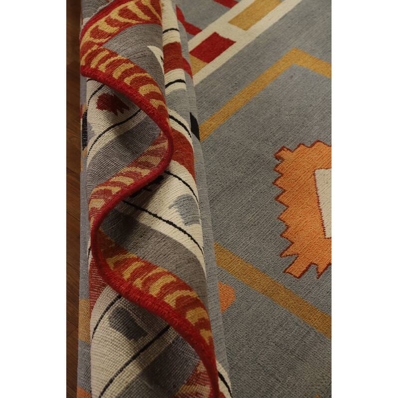 Hand Knotted Oriental 100% Wool Carpet Modern Geometric Greys & Charcoal Gabbeh Area Rug - 9' 11'' X 8' 1''