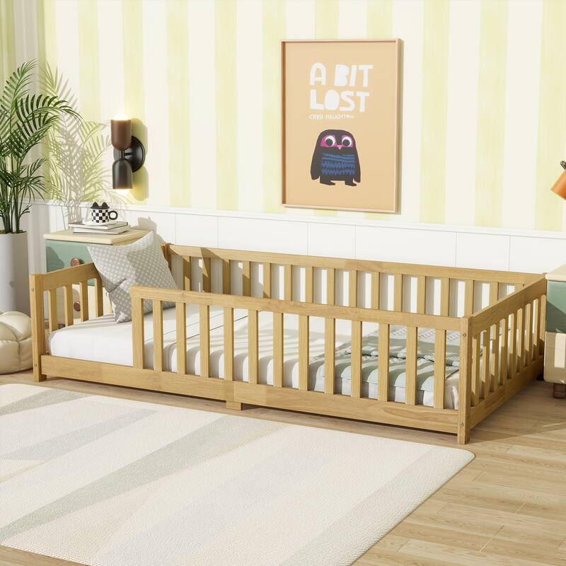 Twin Size Floor Bed with Fence without Door, Rubber Wood Floor Bed with Safety Guardrails