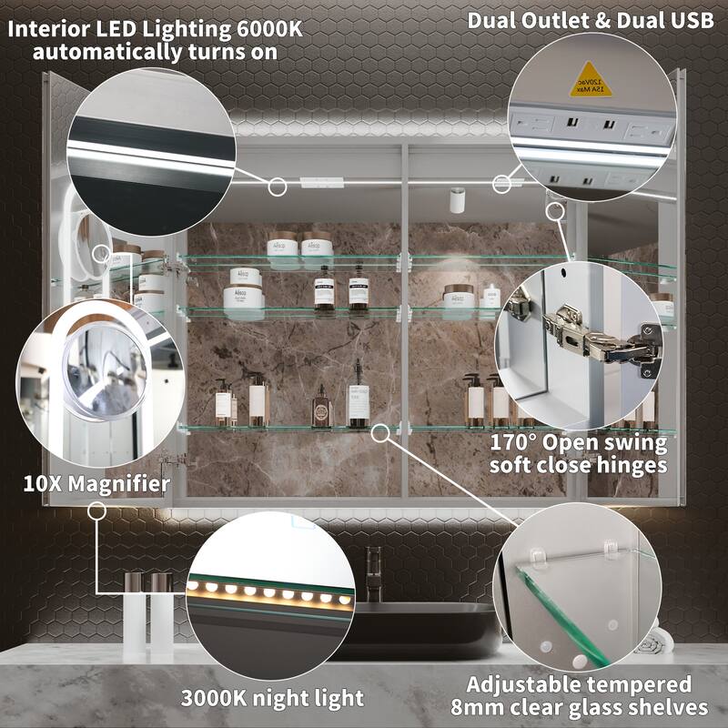 36'' H Recessed or Surface Mounted Bathroom LED Mirror Cabinet With Defogger, Dimmer, 10x magnifying