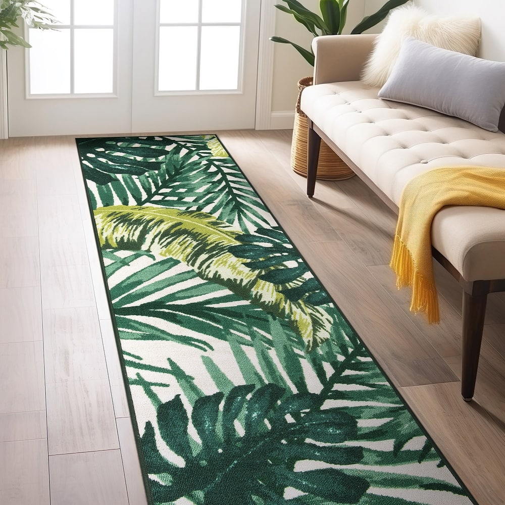 Contemporary Tropical Floral Leaves Non Slip Area Rug