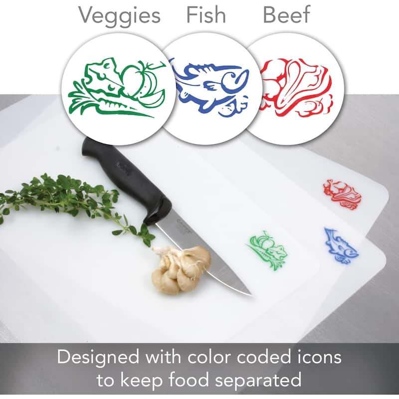 Flexible Cutting Board Mats Set of 3, Clear Frosted with Food Icons, Made in the USA of BPA Free Food Grade Plastic, 11.5” x 15”