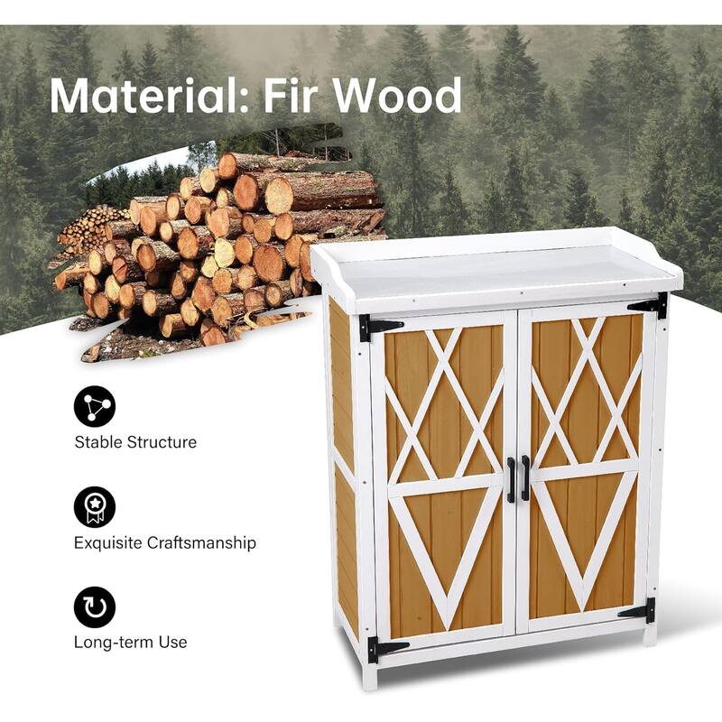 Potting Bench Outdoor Cabinet with Metal Tabletop and Adjustable Shelf