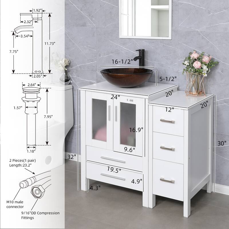 36" White Bathroom Vanity Sink Set with Side Cabinet Vessel Sink Faucet Combo