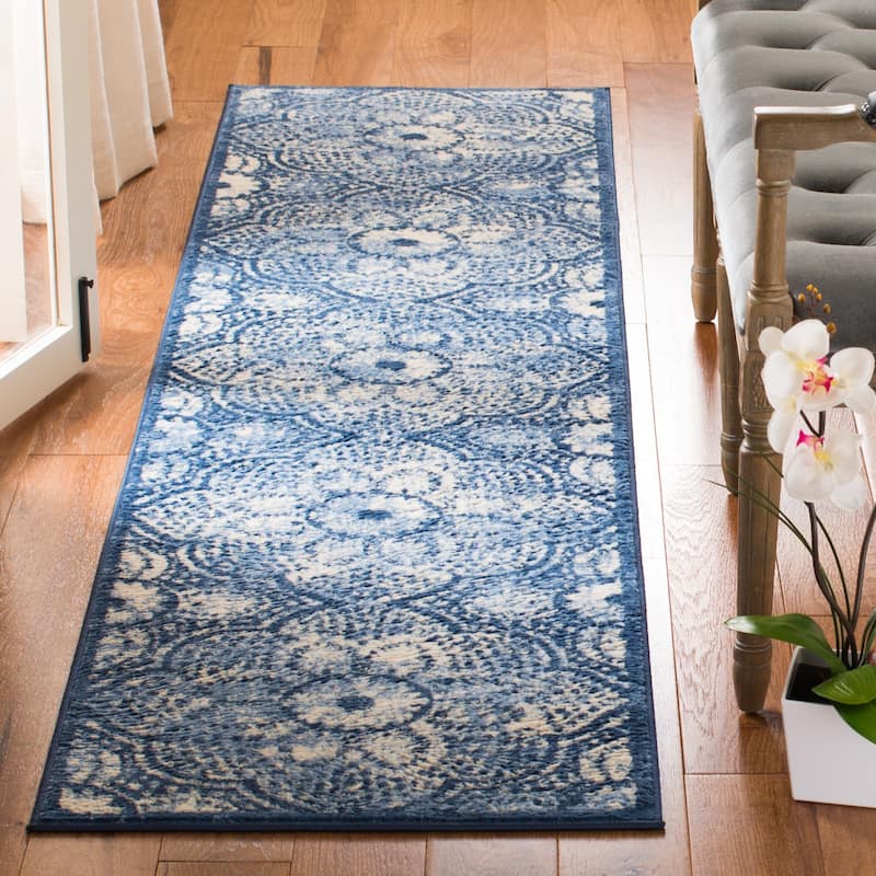 Martha Stewart by SAFAVIEH Faigel Traditional Rug - 2' x 12' Runner - Navy/Creme
