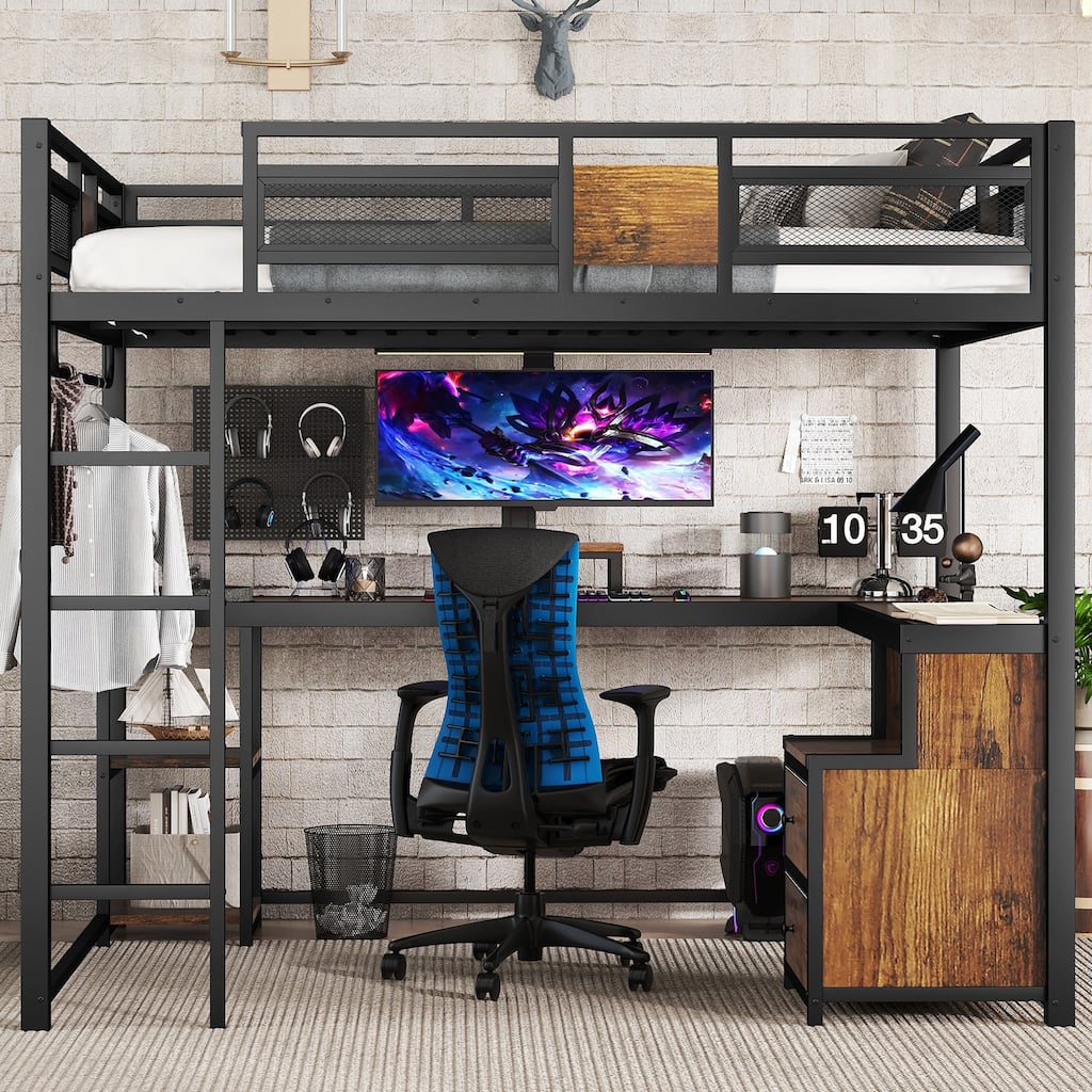 Heavy Duty Metal Loft Bed Frame with Ladder, Queen Size High Loft Bed with L Shaped Desk and 2 Drawers, Noise Free Slats