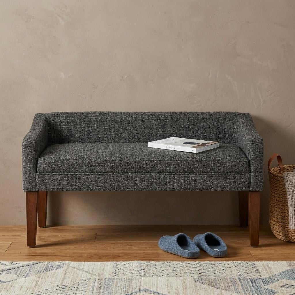 HomeRoots 50" Dark Gray and Brown Fabric and Wood Upholstered Bench - 49.60 in. x 23.60 in. x 22.00 in.