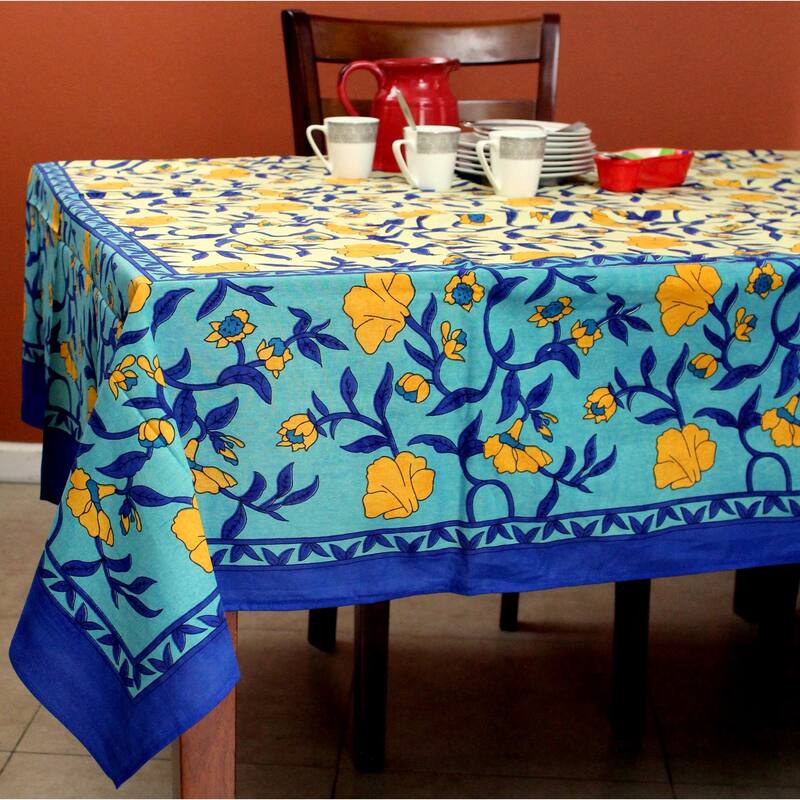 Cotton Sensationally Floral Tablecloth Rectangle Collection - 70 x 106 in - Blue Gold
