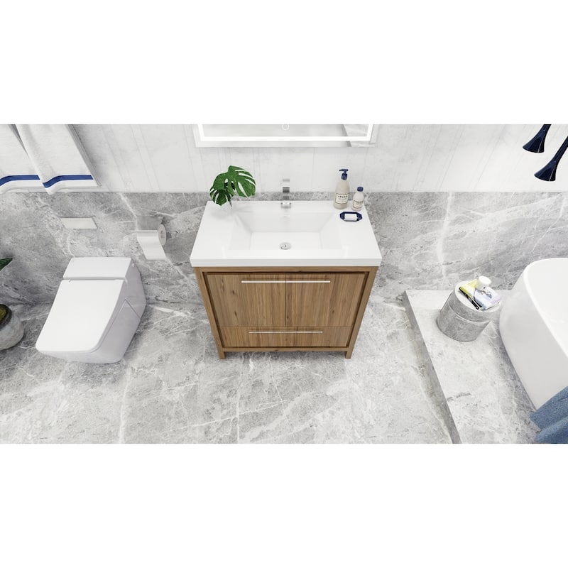 dolce 36 natural oak finish freestanding bath vanity with single basin reinforced acrylic top