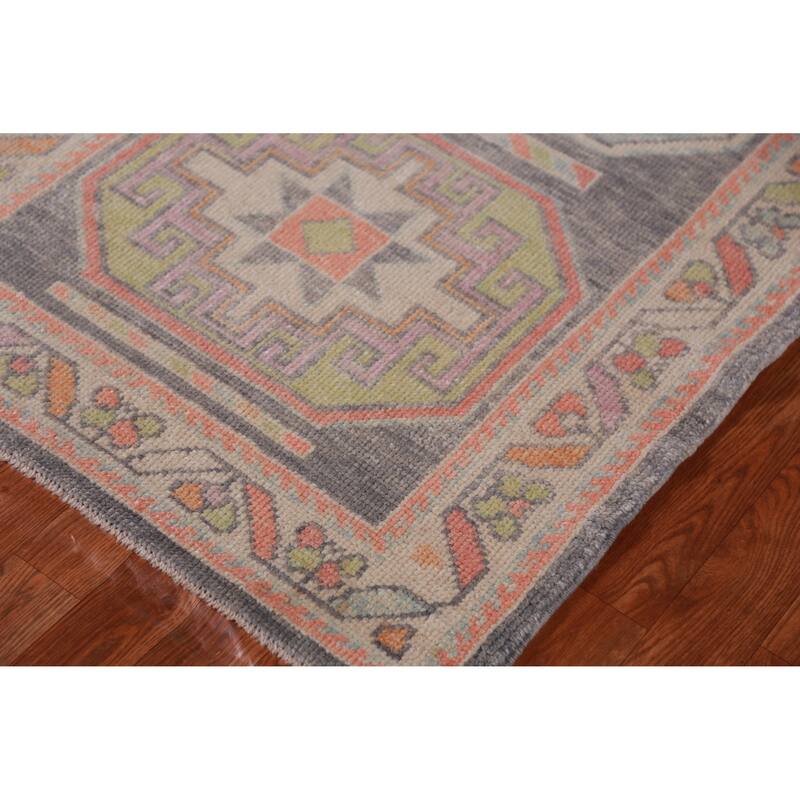 Hand Knotted Oriental 100% Wool Carpet Transitional Geometric Greys & Charcoal Oushak Runner Rug - 13' 0'' X 3' 1''