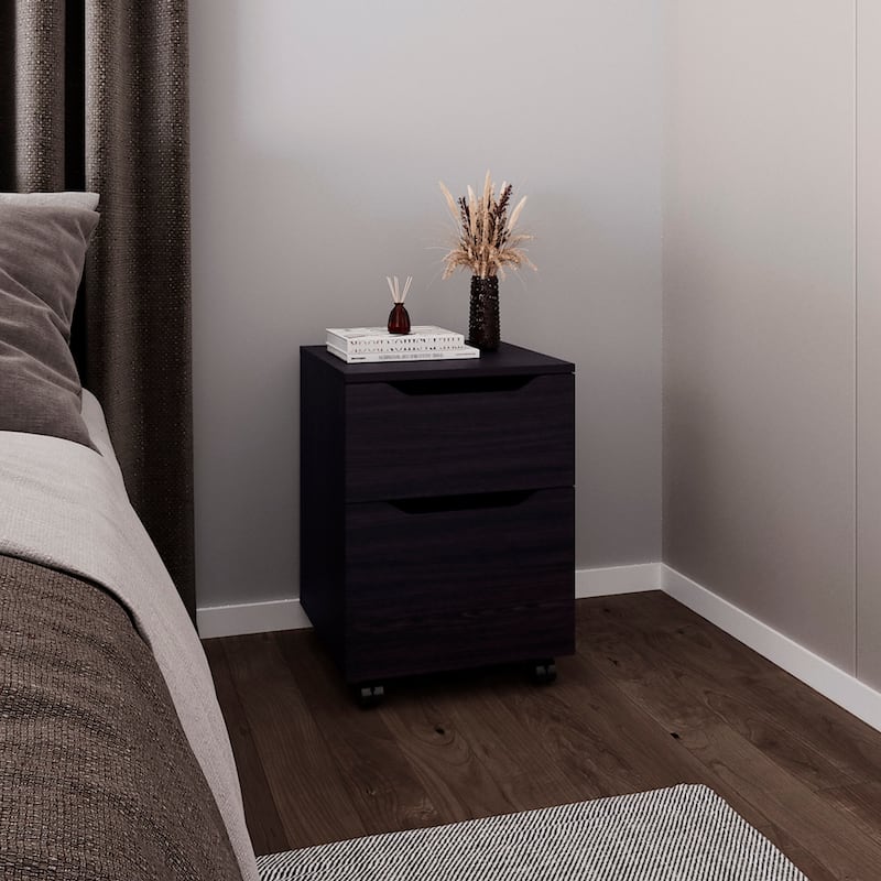 Black Modern Nightstand with Two Drawers and Rolling Design - Black