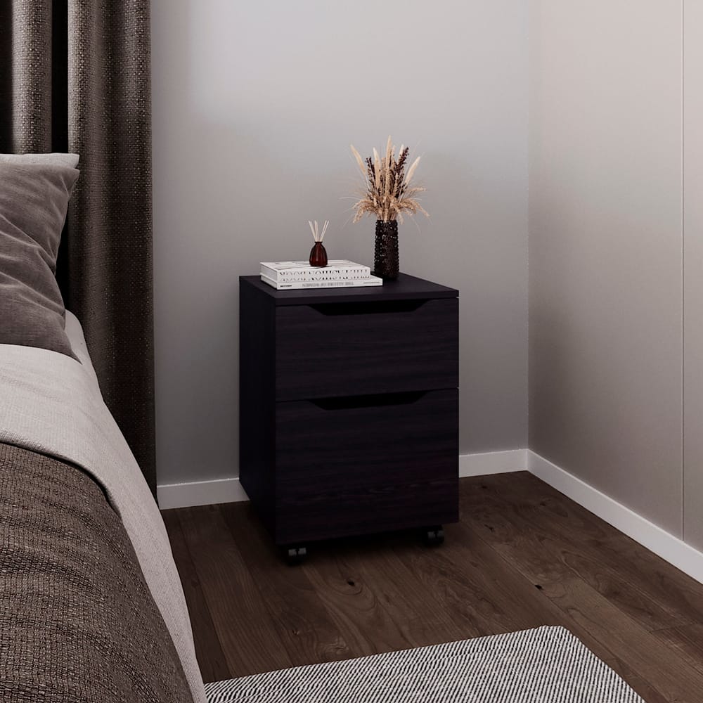 Black Modern Nightstand with Two Drawers and Rolling Design
