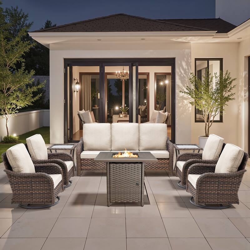 Pocassy Patio Funiture Sofa Swivel Chair Ottoman with Fire Table Set - Beige Cushion - Brown Wicker - 8-Piece Sofa Swivel Chair Ottoman w/ Fire Table