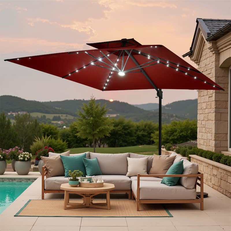 11 FT Outdoor Solar Powered LED Patio Cantilever Umbrella Double Top Square Umbrella - Red