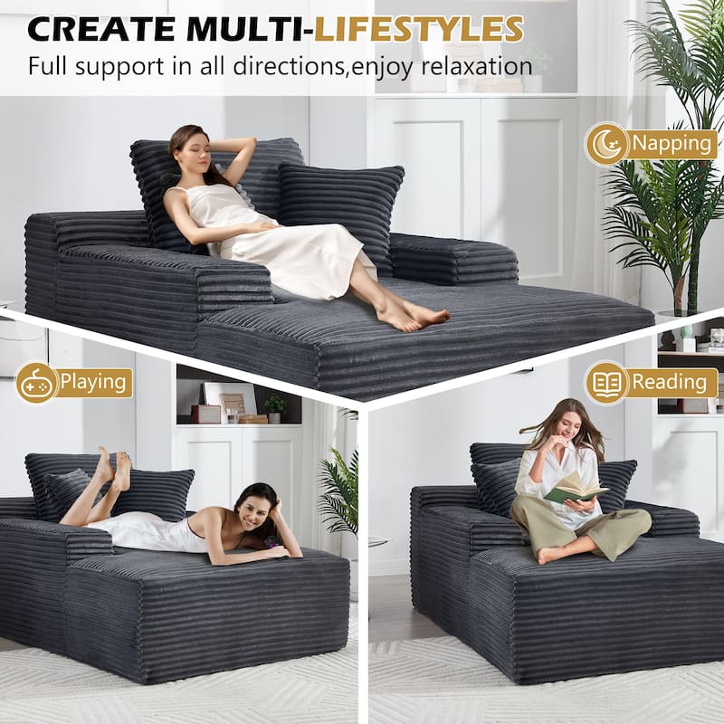 Deep Seat Chaise Lounge Chair, Wide Armrest Sleeper Sofa with Three Soft Pillows, Convertible Boneless Sofa Bed Daybed