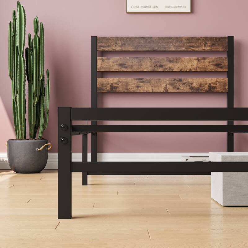 Industrial Vintage Bed Frame for Twin/Full/Queen Mattress, Strong Metal Slats, Wood Headboard, and Under-Bed Storage