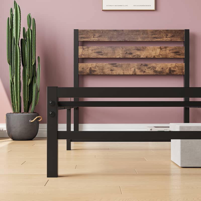 Modern Style Metal Platform Bed with Rustic Vintage Wooden Headboard for Bedroom