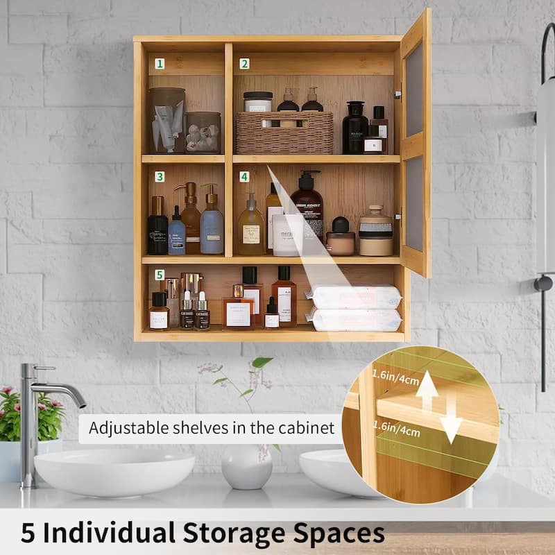 Medicine Cabinet Wall-Mounted Mirrored Bamboo Frame Storage Bathroom - 22"x24"x6.3"