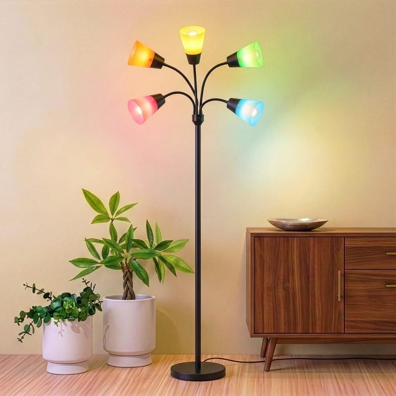 Brightech Medusa Modern 78 in. Classic Black Modern 5-Light Adjustable Gooseneck LED Floor Lamp with 5 Multicolored Cone Shades