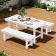 preview thumbnail 46 of 58, 3-Piece HDPE Outdoor Dining Set with Umbrella Hole Table and Two 2-Person Benches