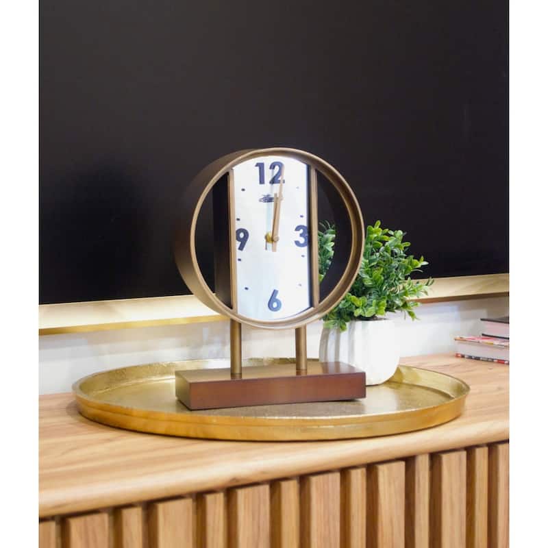 Round Open Design Quartz Clock with Wooden Base - 11" - Brown and Gold
