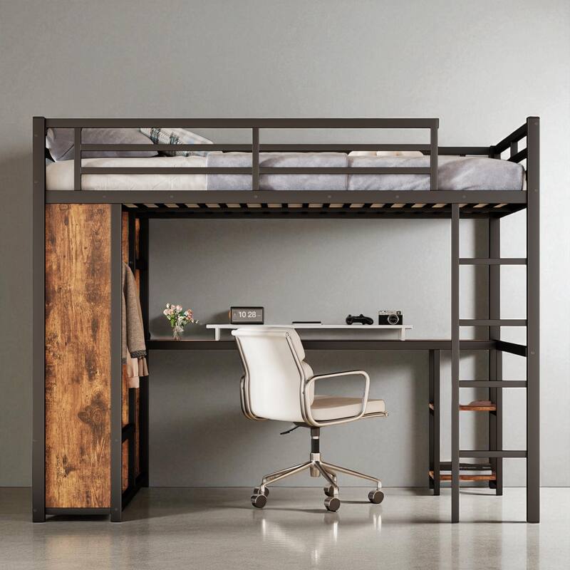 Queen Size Metal Loft Bed with Desk, Wardrobe, and Storage Shelves, Space-Saving Workstation Loft Bed Frame