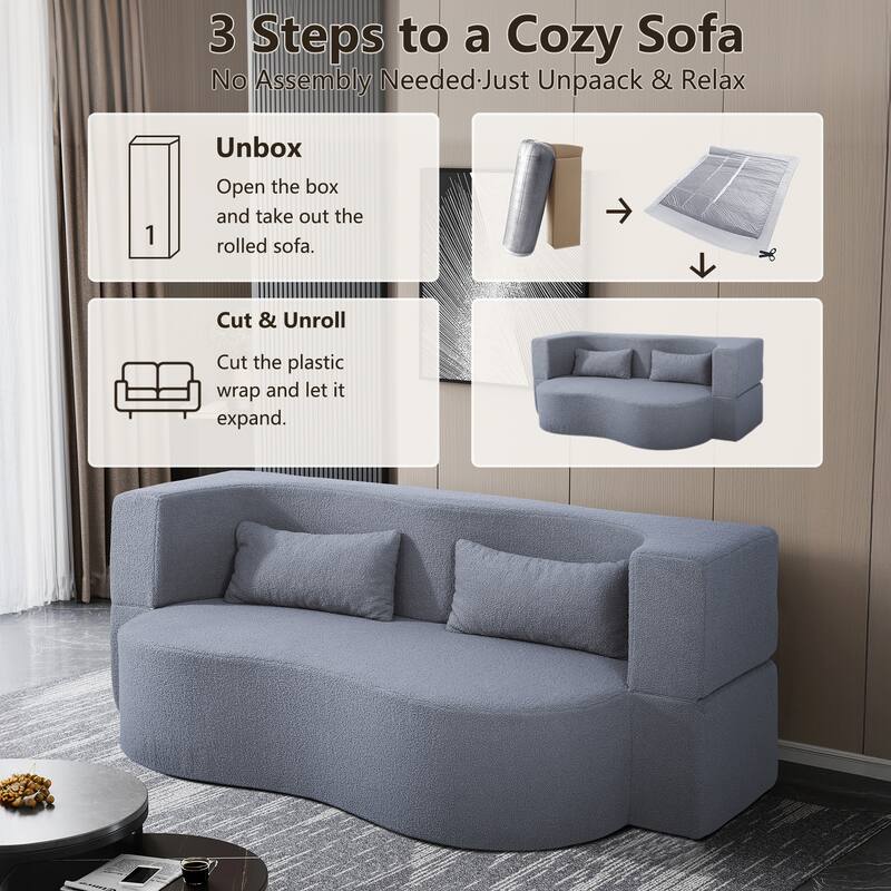 2-in-1 Convertible Sofa Bed, Full Size Folding Loveseat Couch with Soft Teddy Fabric, No Assembly Needed