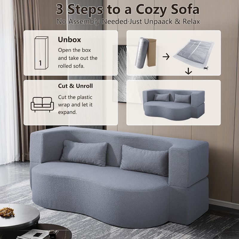 Modern 2-Seater Sofa 2-in-1 Folding Sofa Bed with 2 Pillows, Soft Teddy Fabric and Non-Slip Bottom, for Living Room, Dorm