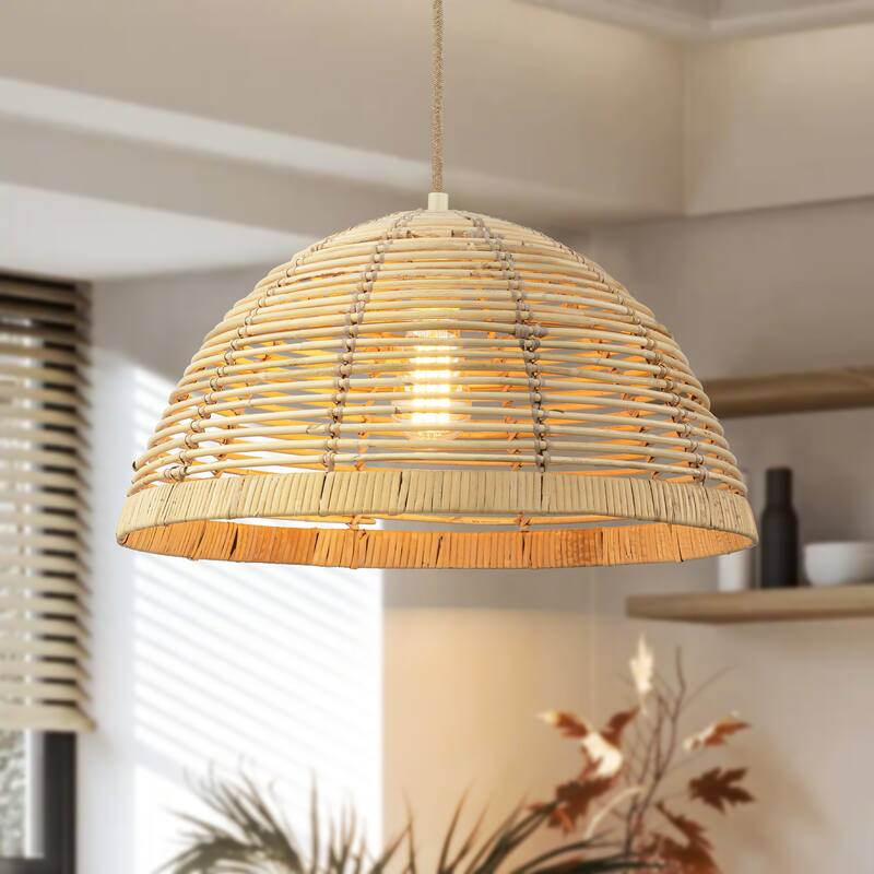 1-Light Farmhouse Rustic Dome Rattan Pendant Light for Kitchen Island - 19.4 in. W x 11 in. H