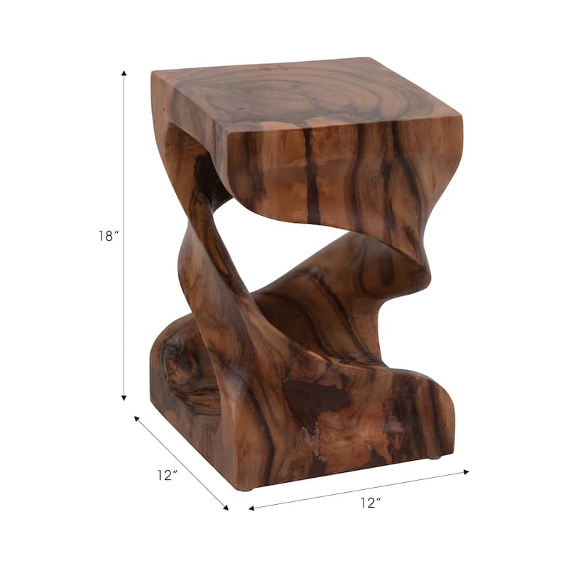 Hand-Carved Suar Wood Twist Accent Table - 18" Brown Side Table for Living Room, Bedroom, or Office - 12" x 12" x 18"