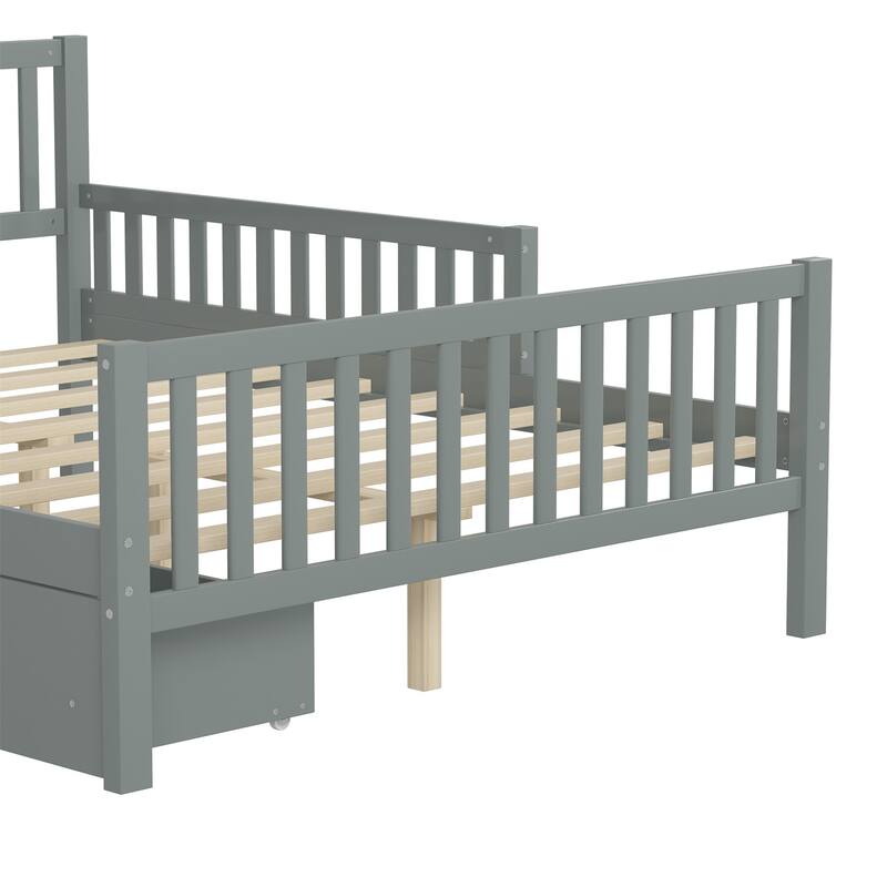 Solid Wood Platform Bed Frame with Guardrail, Drawer