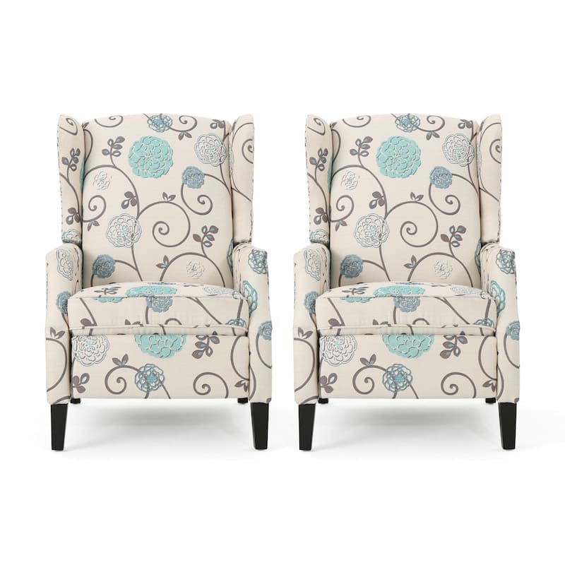 Wescott Contemporary Recliners (Set of 2) by Christopher Knight Home - Light Beige with Blue Floral + Dark Brown