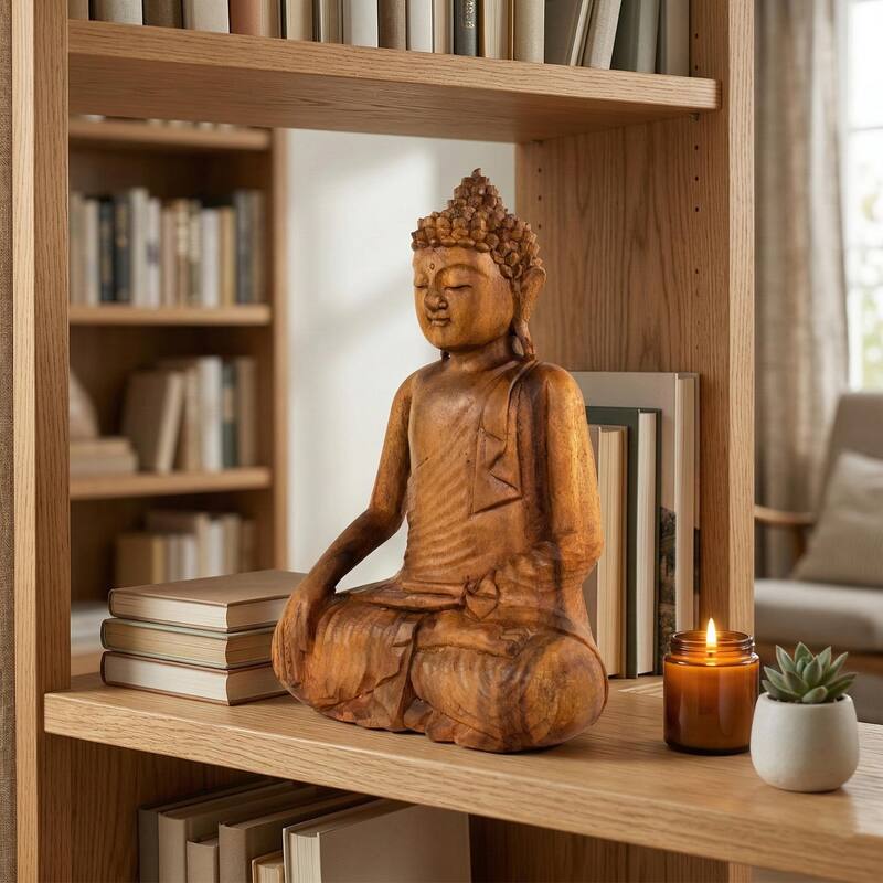 Wood Buddha Statue - Hand Carved Earth Touching Mudra Sculpture, Natural Zen Decor