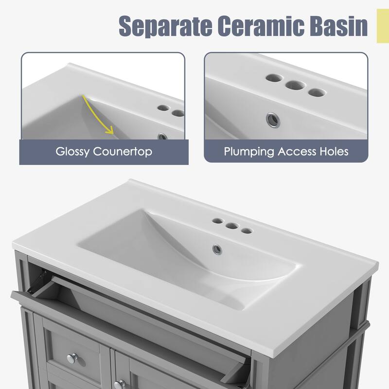 Roomfitters 30" Vanity with Sink, Modern Bathroom Cabinet with 2 Drawers and Tip-out Storage, Sleek Freestanding Design